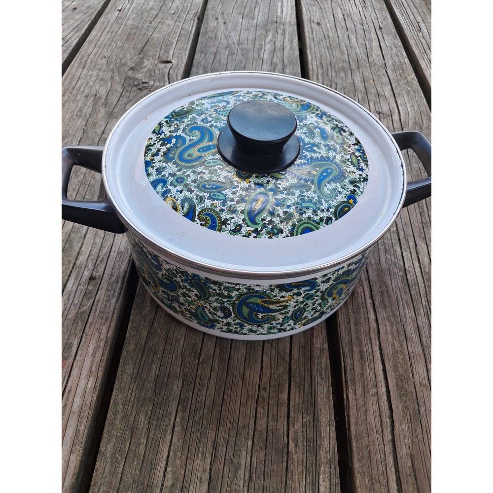 Vintage MCM Paisley Blue Green Dutch Oven A1